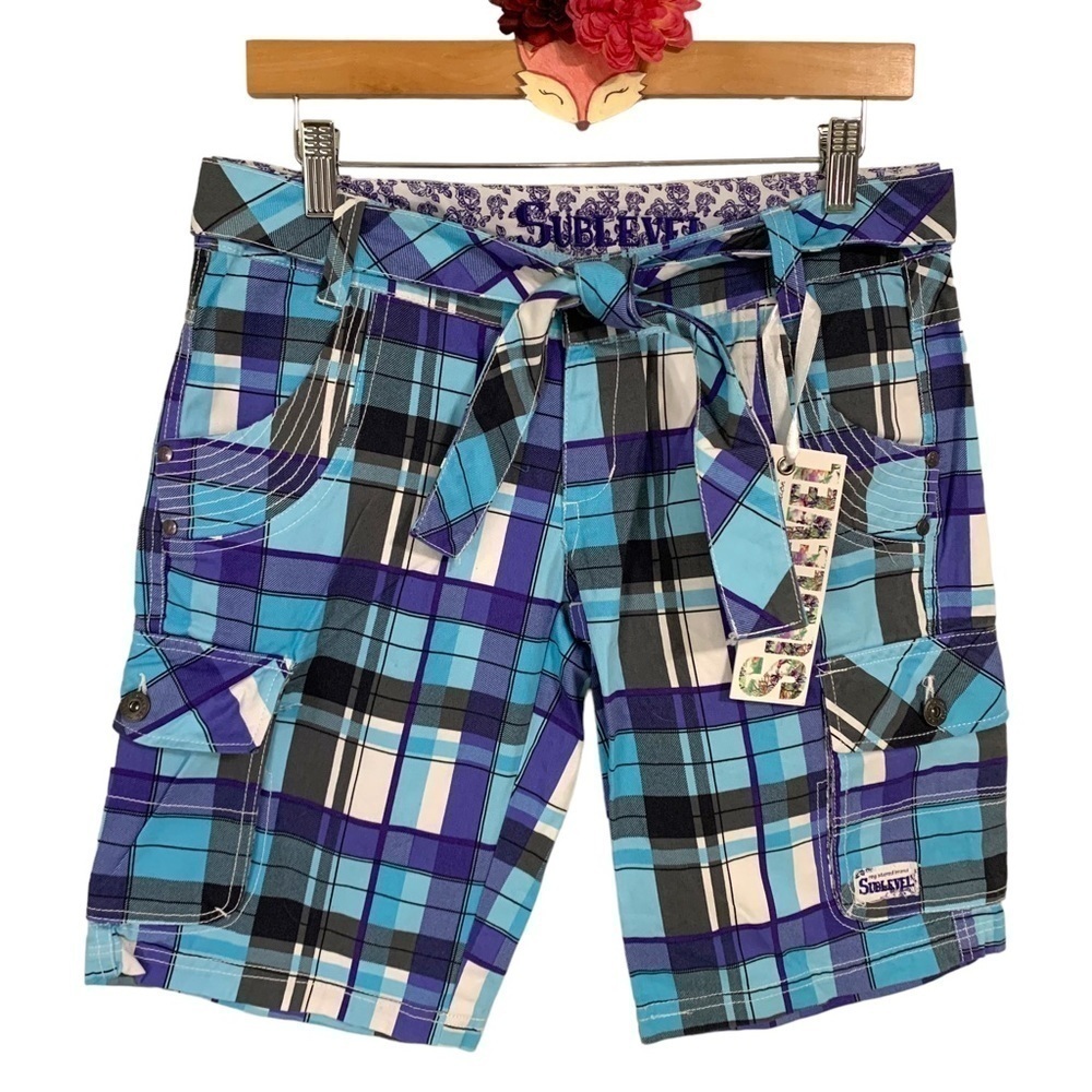 Sublevel shorts blue plaid belted tie waist cargo 11” inseam size S NWT